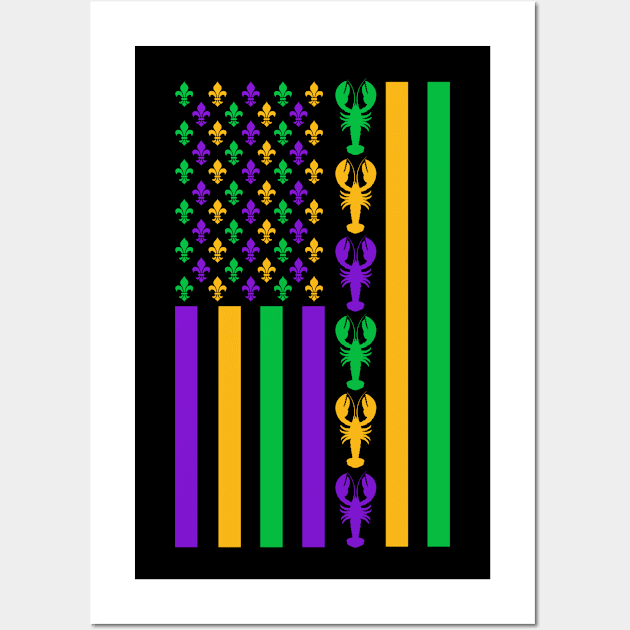 Mardi Gras American Flag with Crawfish and Fleur De Lis Wall Art by Xeire